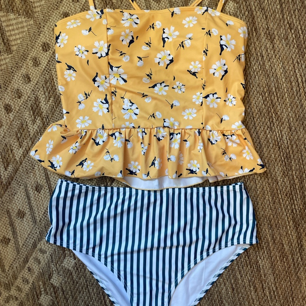 Floral Peplum Top and Striped Bottom Swimsuit